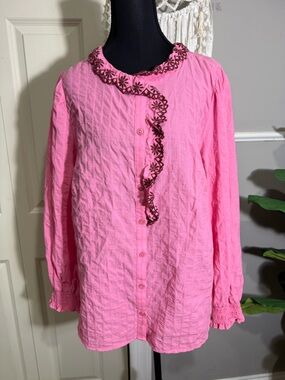 Talbots Pink Textured Button-Up Top with Floral Trim size XL